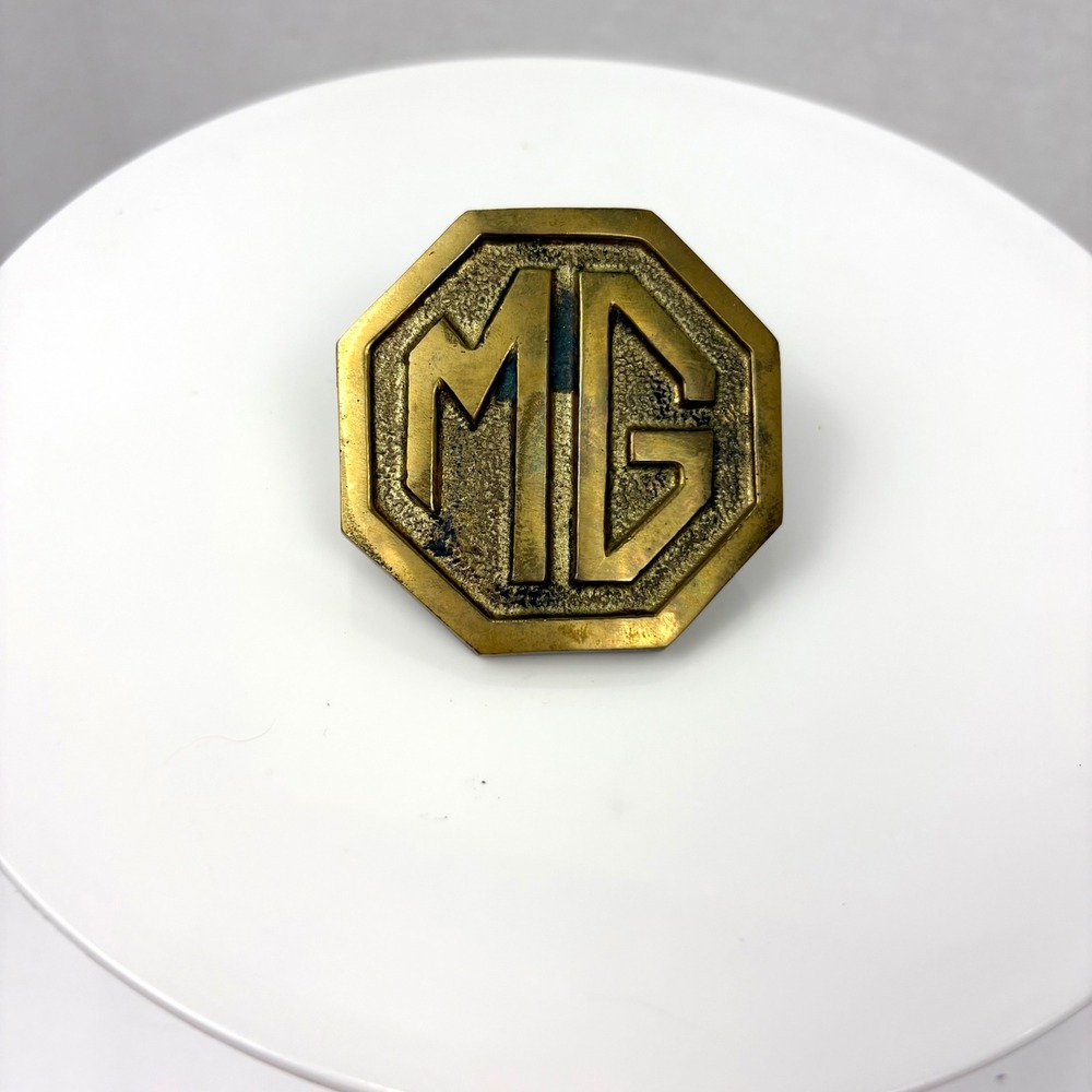 Vintage MG Motor Cars Solid Brass Belt Buckle Octagon Logo Automotive Accessory